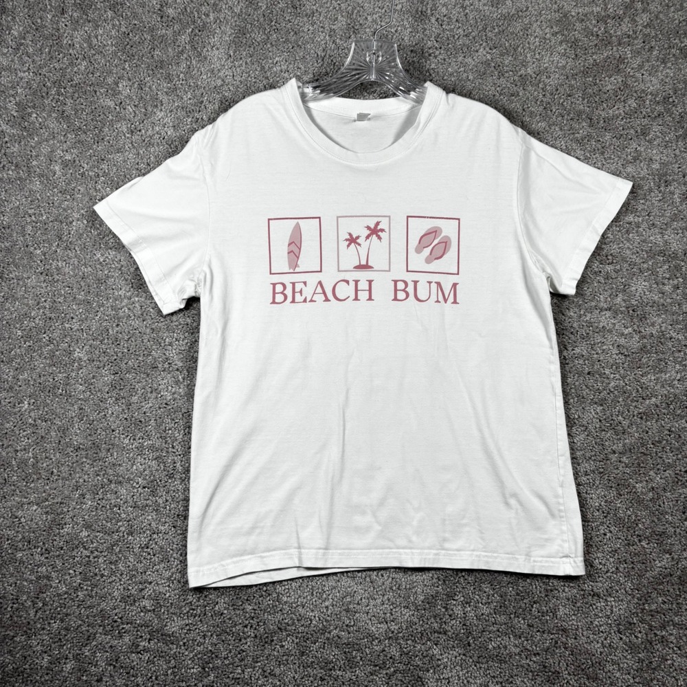 Beach Bum Graphic T-Shirt White Cotton Short Sleeve Women's Large Palm Tree Surf
